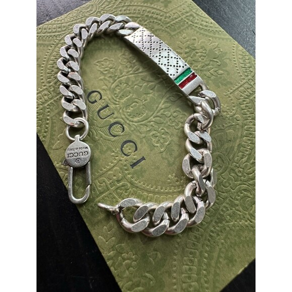 Vintage Gucci Men Curb Cuban Interlocking Silver Tone Chain Bracelet - Picture 1 of 6